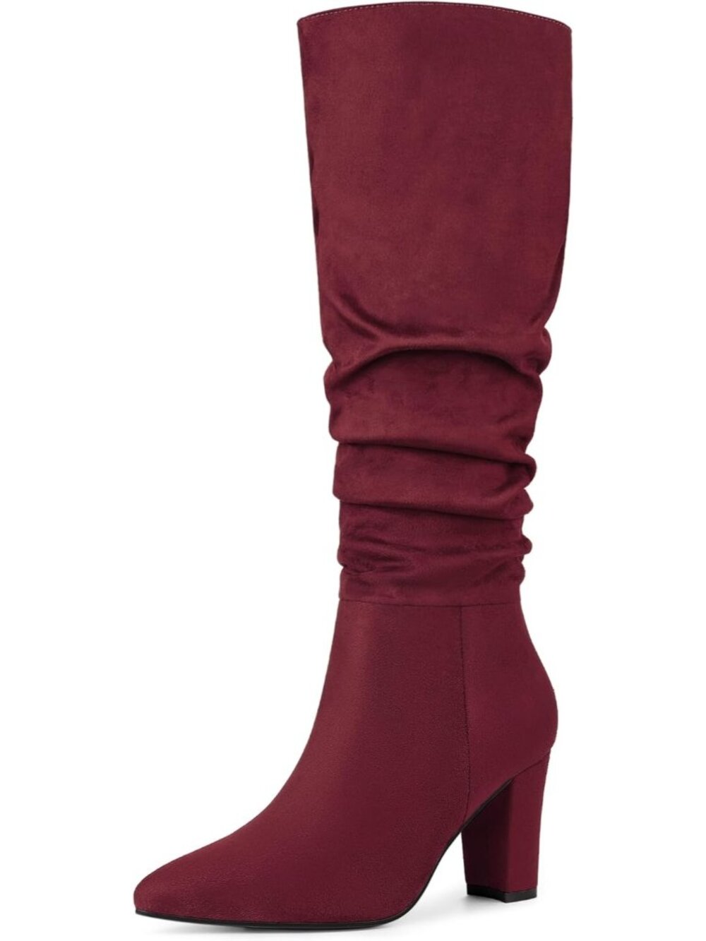 🆕Women's Burgundy Slouchy Pointed Toe Knee High Boots Chunky Block Heel Shoes